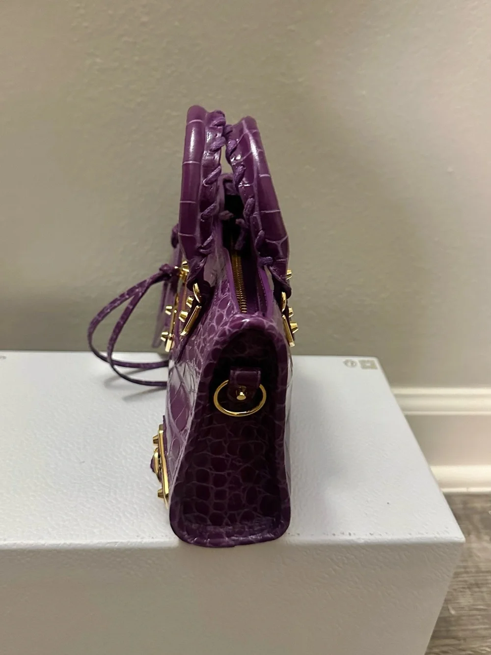 Balenciaga LA City Mini Croc-Embossed Satchel in Purple with Gold Hardware